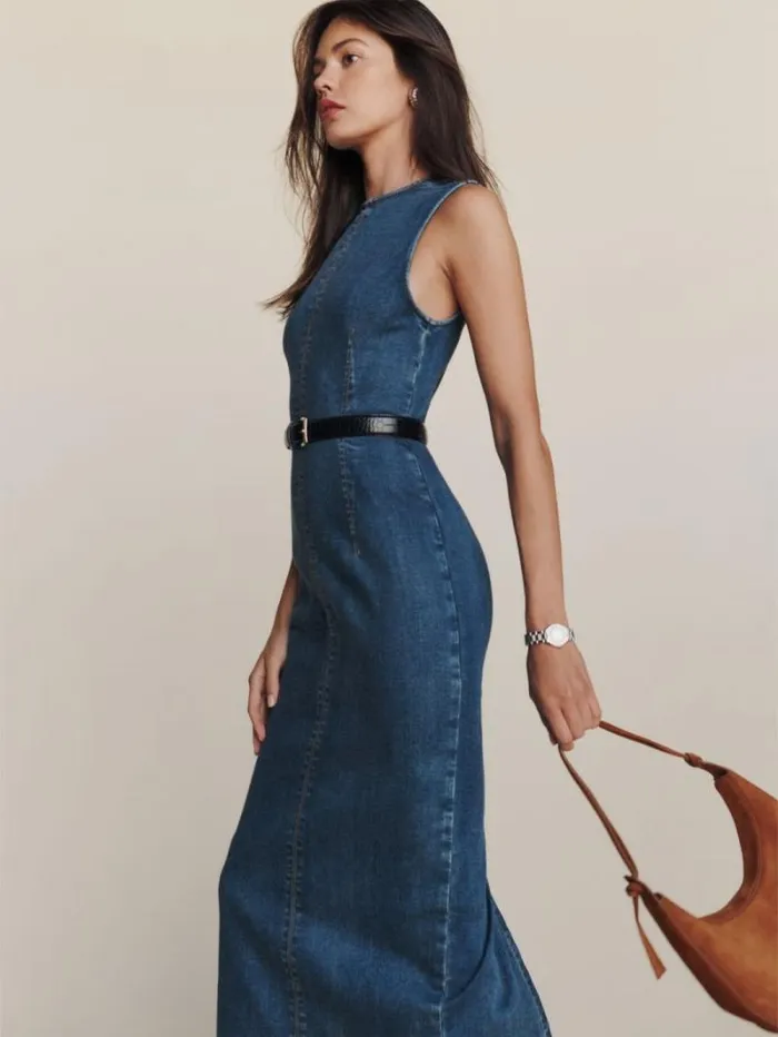 The Reformation Petites Kendi Denim Midi Dress Bleu 8211 Clothing