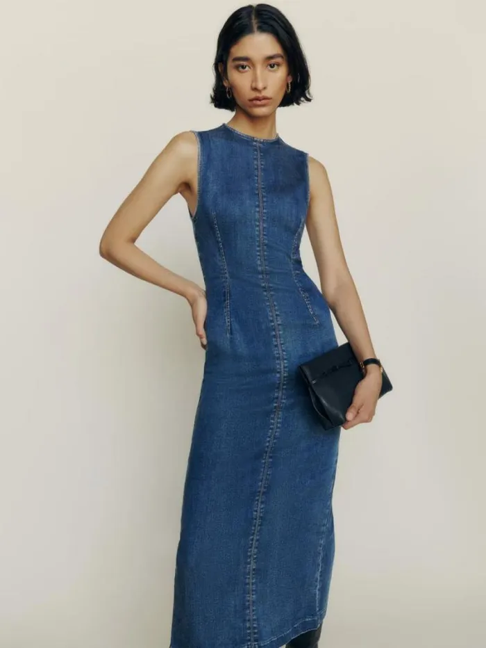 The Reformation Petites Kendi Denim Midi Dress Bleu 8211 Clothing