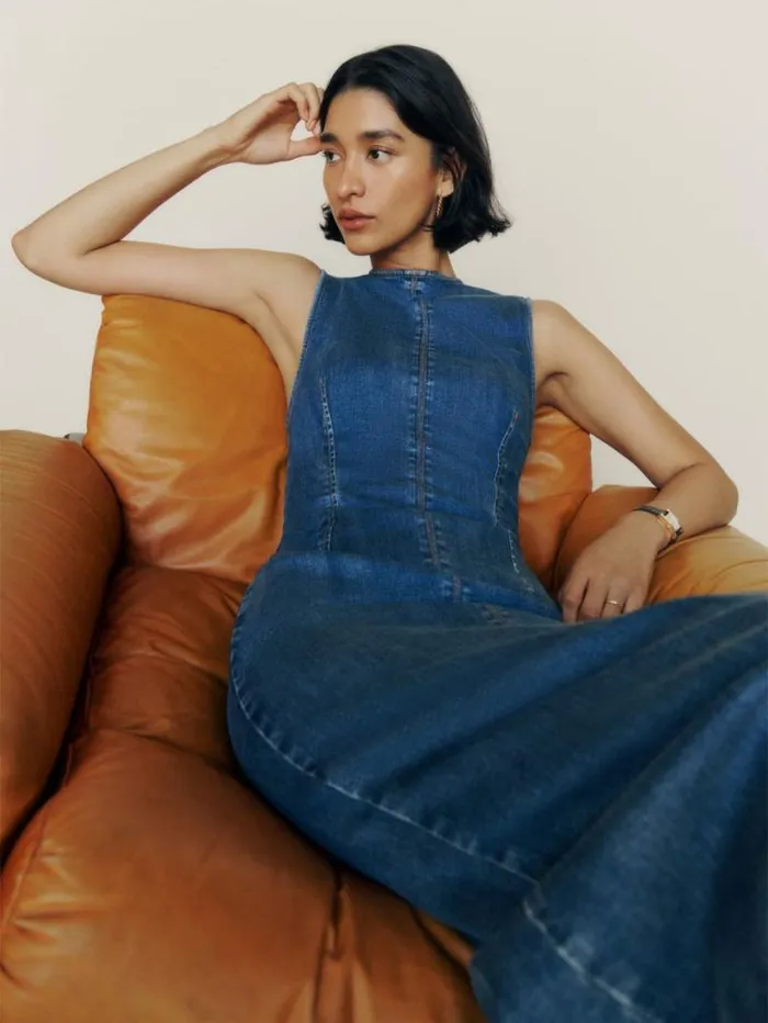 The Reformation Petites Kendi Denim Midi Dress Bleu 8211 Clothing