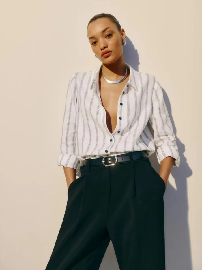 The Reformation Sky Relaxed Linen Top Harbor Stripe 8211 Clothing