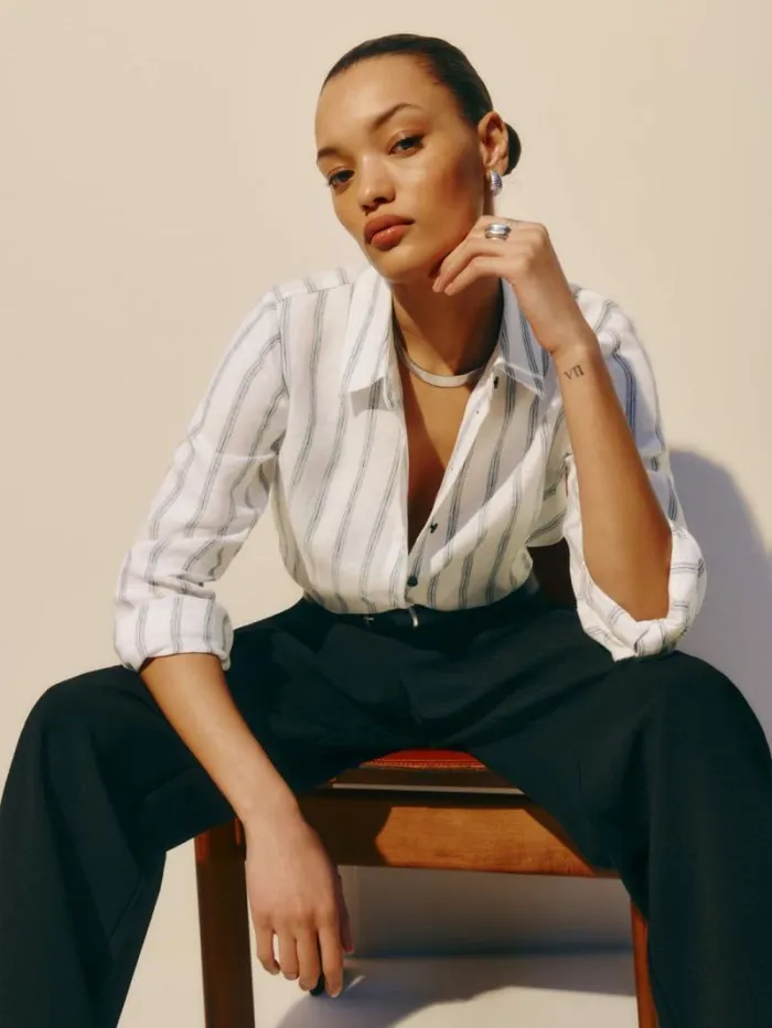 The Reformation Sky Relaxed Linen Top Harbor Stripe 8211 Clothing