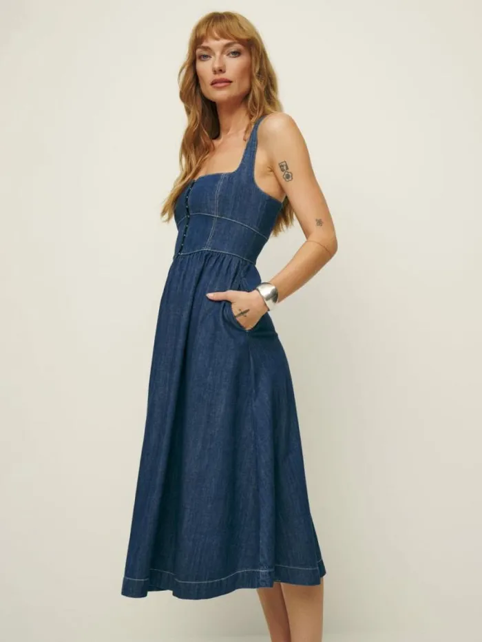 The Reformation Tagliatelle Denim Midi Dress Ellis 8211 Clothing