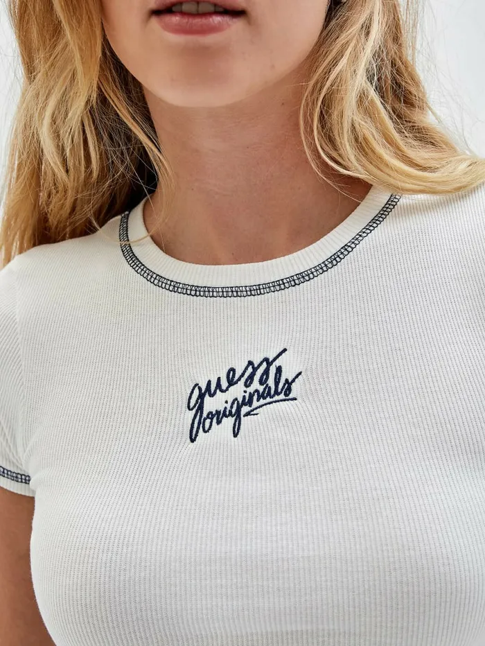 Tops GUESS Originals Ribbed Crop Baby Tee Sandy Shore 8211 GUESS Women Tops GUESS Originals Ribbed Crop Baby Tee Sandy Shore 8211 GUESS Women