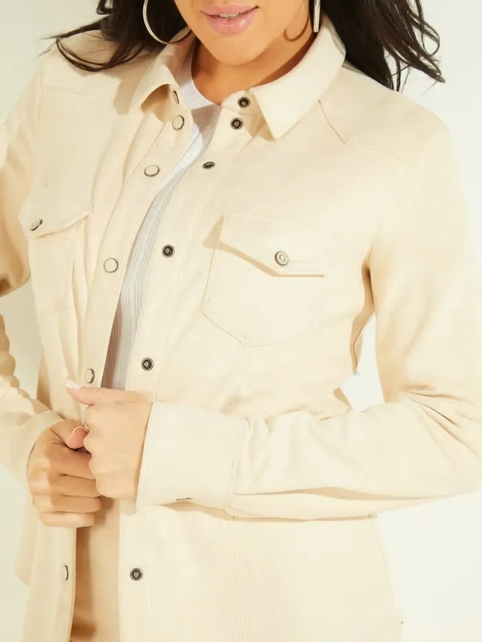 Tops GUESS Women Daisy FauxSuede Western Shirt Pearl Oyster Tops GUESS Women Daisy FauxSuede Western Shirt Pearl Oyster