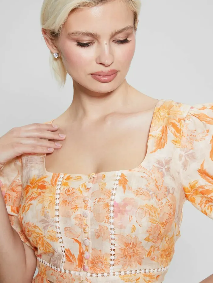 Tops GUESS Women Eco Cassandra Puffed Floral Crop Top Tangerine Bloom
