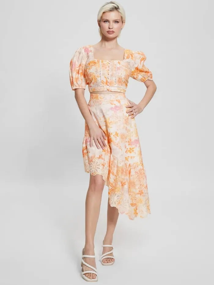 Tops GUESS Women Eco Cassandra Puffed Floral Crop Top Tangerine Bloom