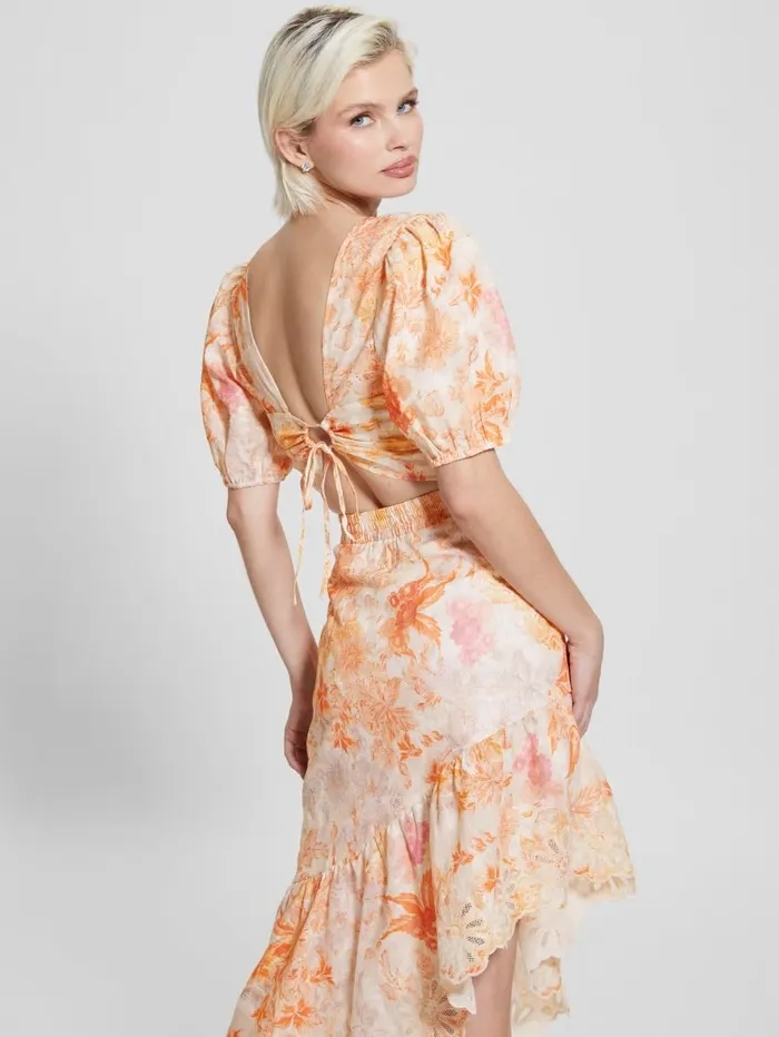 Tops GUESS Women Eco Cassandra Puffed Floral Crop Top Tangerine Bloom