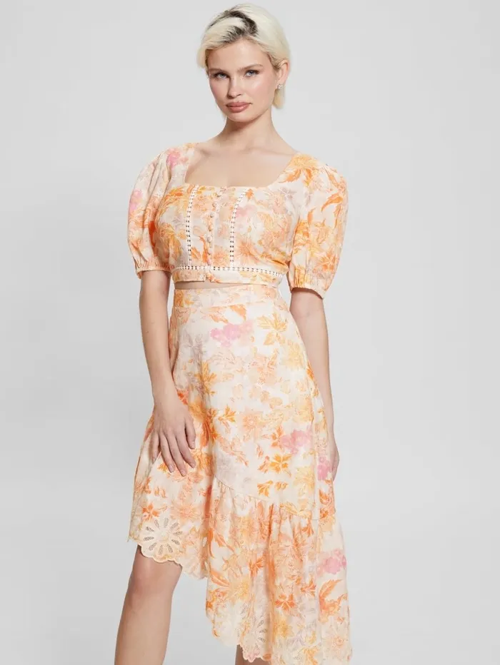 Tops GUESS Women Eco Cassandra Puffed Floral Crop Top Tangerine Bloom