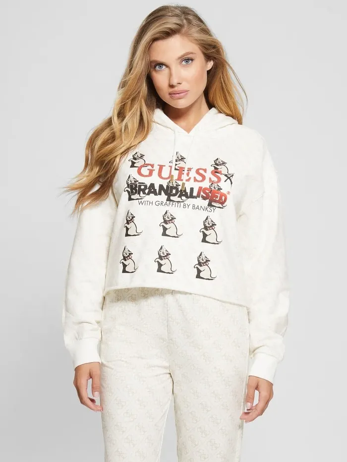 Tops GUESS Women Quattro G Kitten Cropped Hoodie Tan Quattro Print