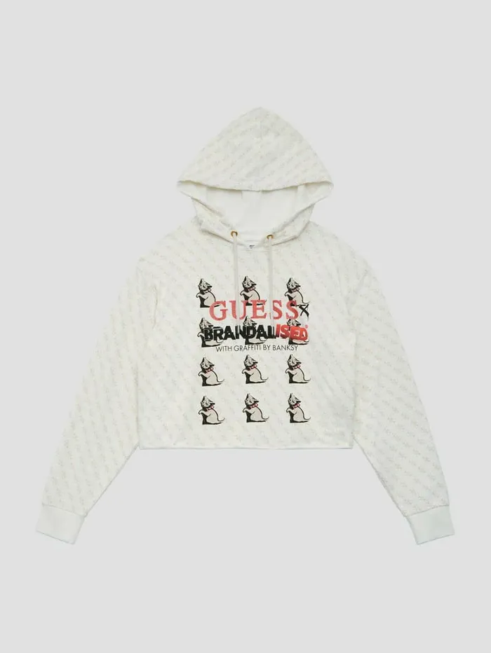 Tops GUESS Women Quattro G Kitten Cropped Hoodie Tan Quattro Print Tops GUESS Women Quattro G Kitten Cropped Hoodie Tan Quattro Print