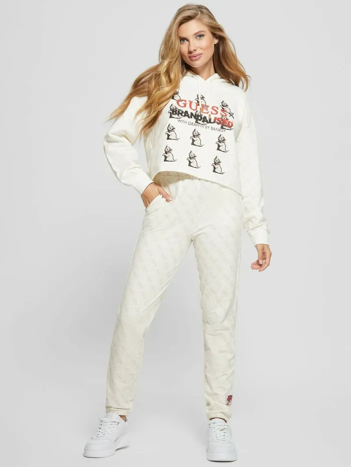 Tops GUESS Women Quattro G Kitten Cropped Hoodie Tan Quattro Print Tops GUESS Women Quattro G Kitten Cropped Hoodie Tan Quattro Print
