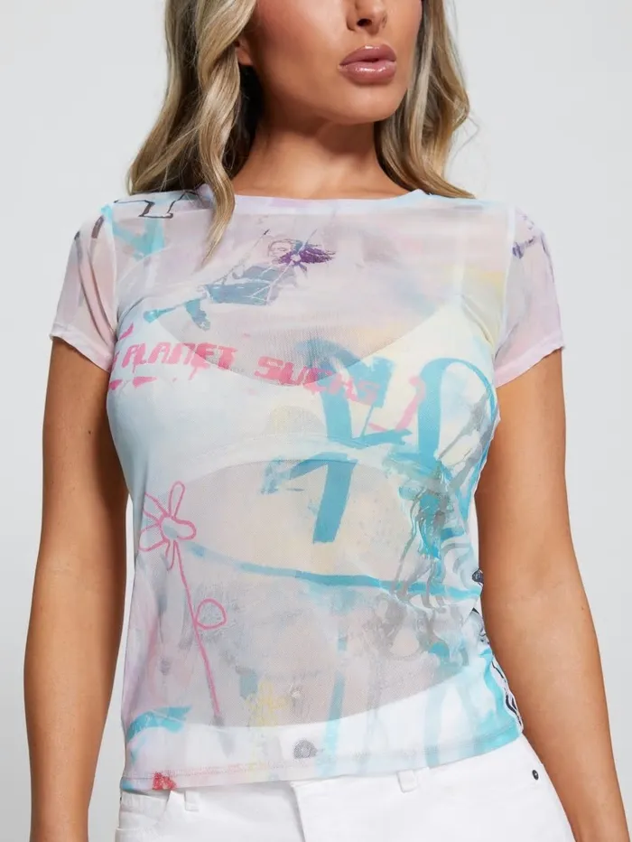 Tops GUESS Women Sheer Graffiti Tee Watercolor Street Art Tops GUESS Women Sheer Graffiti Tee Watercolor Street Art