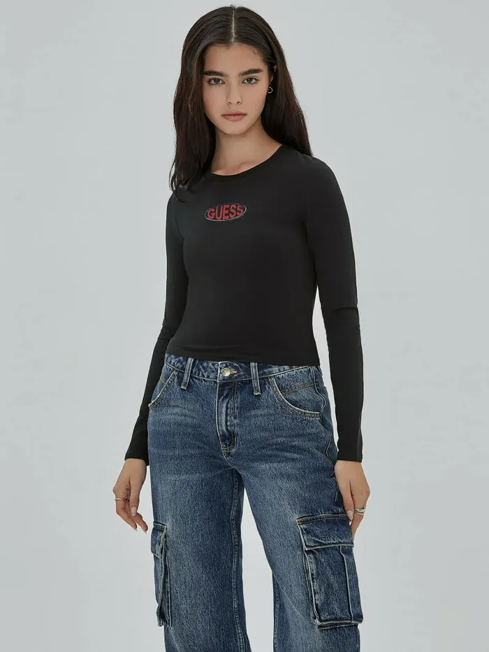 Tops Women GUESS GUESS Originals Eco Oval Logo Top Black