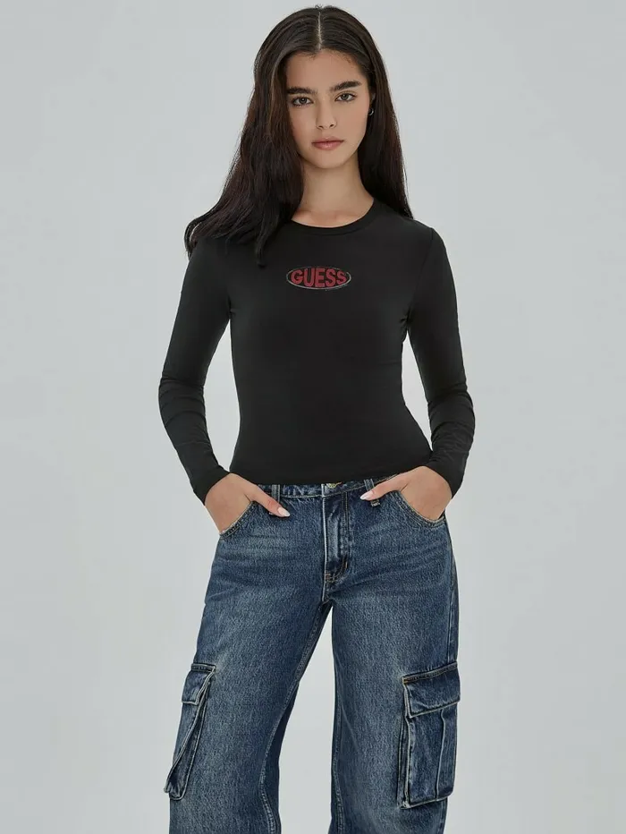 Tops Women GUESS GUESS Originals Eco Oval Logo Top Black Tops Women GUESS GUESS Originals Eco Oval Logo Top Black