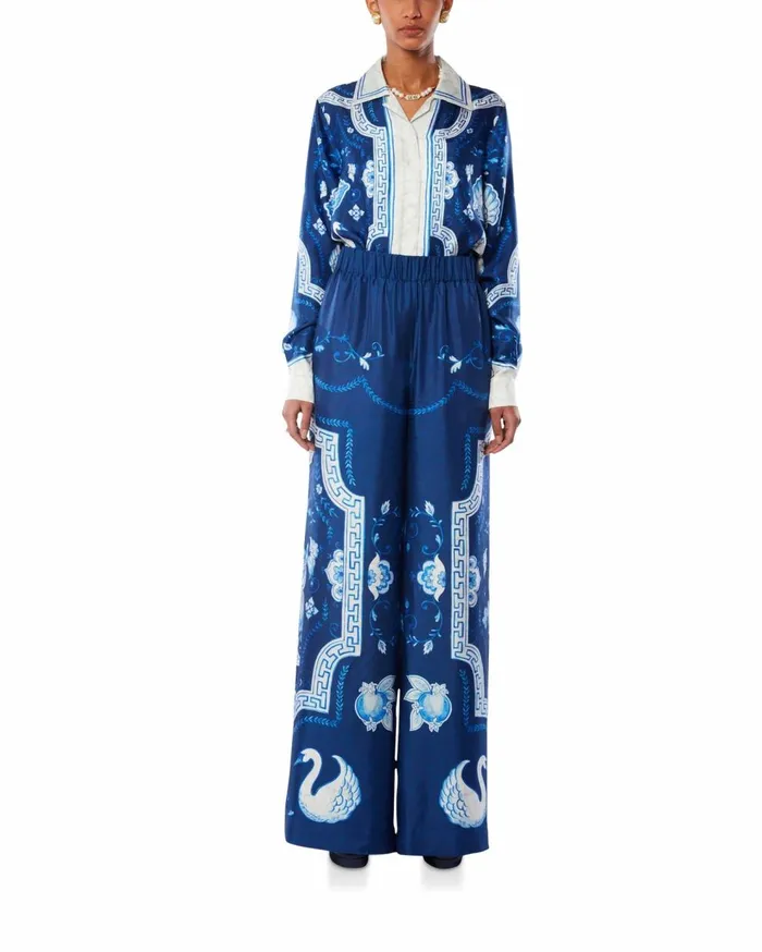 Trousers and Shorts Women Casablanca Paris Plat A Dessert Bleu Printed Wide Leg Trousers