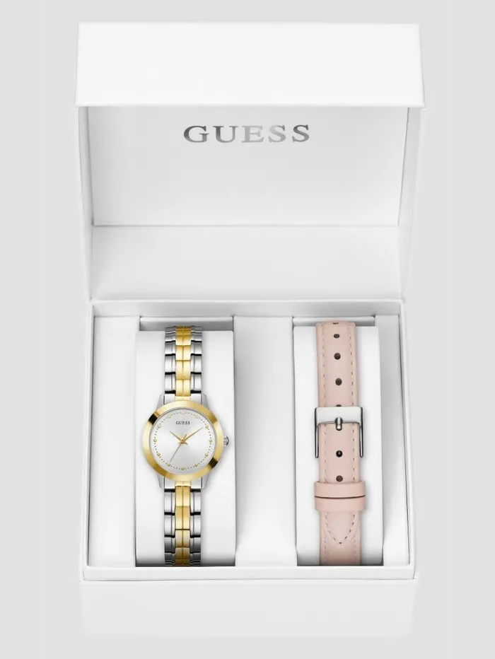 Watches Women MultiTone Analog Watch with Pink Leather Strap Gold GUESS