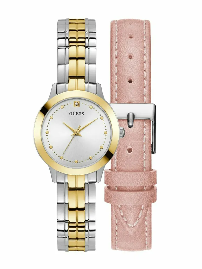 Watches Women MultiTone Analog Watch with Pink Leather Strap Gold GUESS Watches Women MultiTone Analog Watch with Pink Leather Strap Gold GUESS