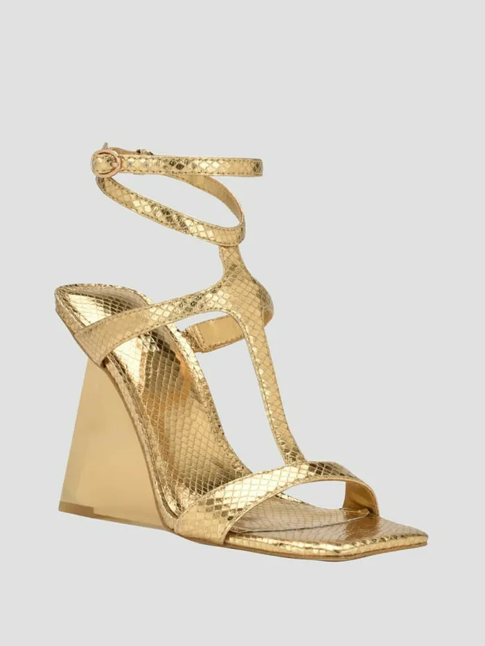 Women Bacio Metallic TStrap Wedge Heels Gold Sandals GUESS