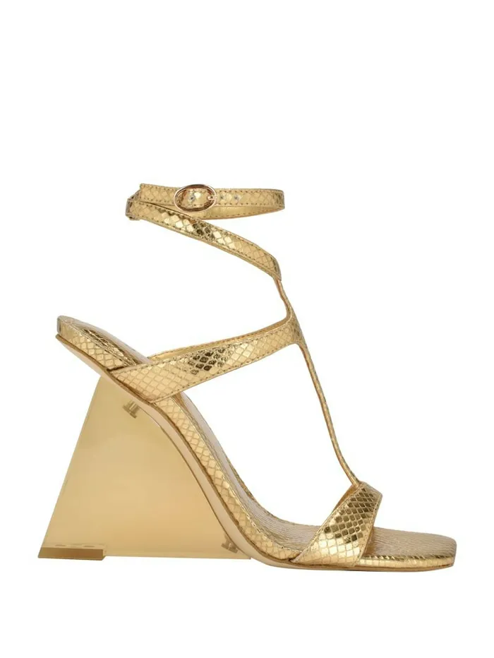 Women Bacio Metallic TStrap Wedge Heels Gold Sandals GUESS