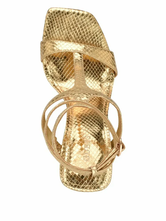 Women Bacio Metallic TStrap Wedge Heels Gold Sandals GUESS