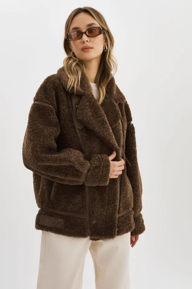 Women BADU Oversized Faux Shearling Jacket Brown LAMARQUE Sherpa