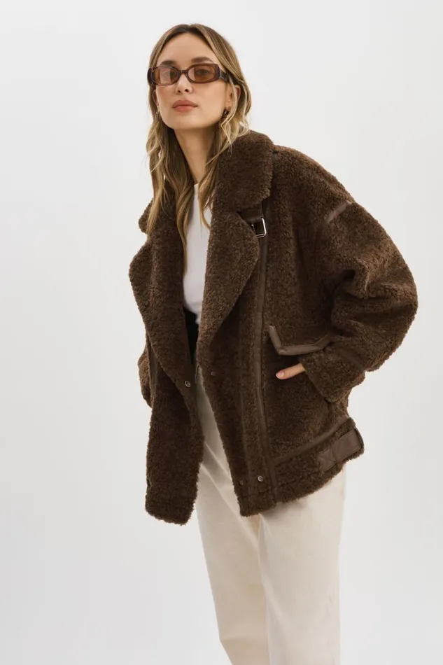 Women BADU Oversized Faux Shearling Jacket Brown LAMARQUE Sherpa