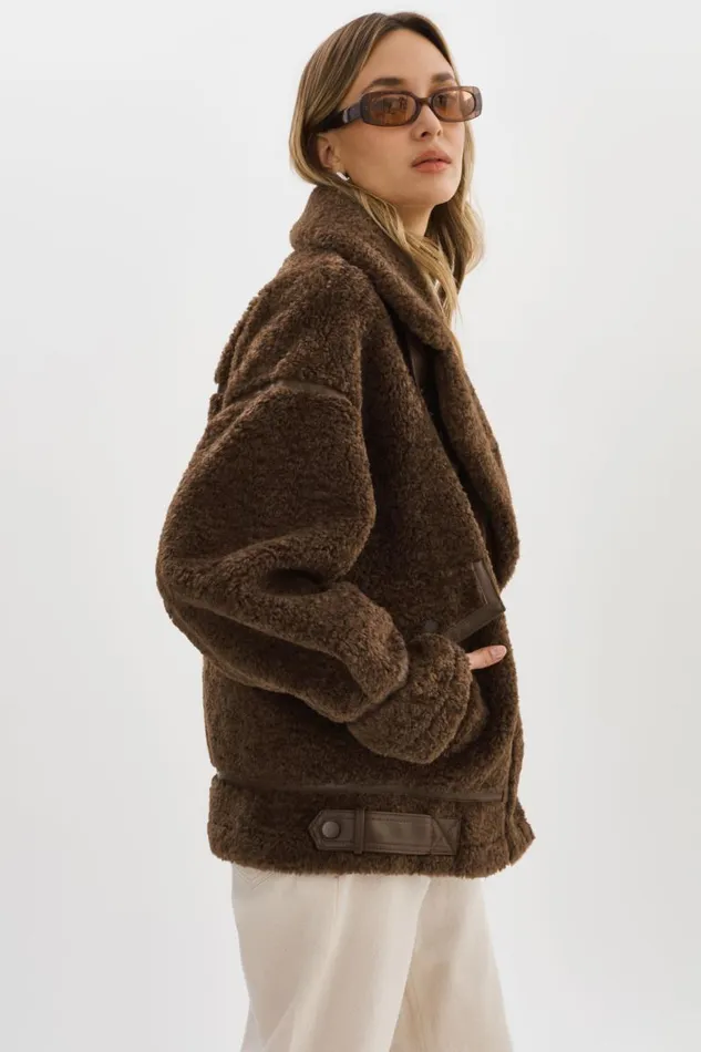 Women BADU Oversized Faux Shearling Jacket Brown LAMARQUE Sherpa