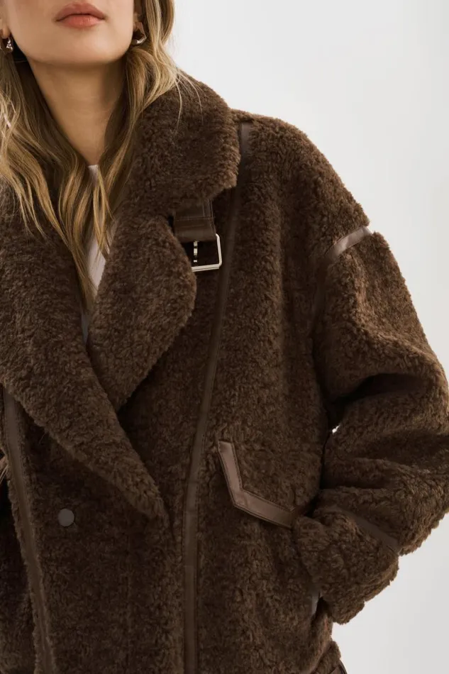Women BADU Oversized Faux Shearling Jacket Brown LAMARQUE Sherpa
