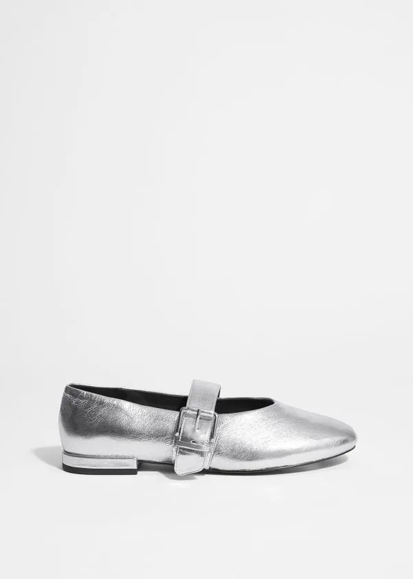 Women Ballerinas and Other Stories Buckled Leather Ballerinas Silver