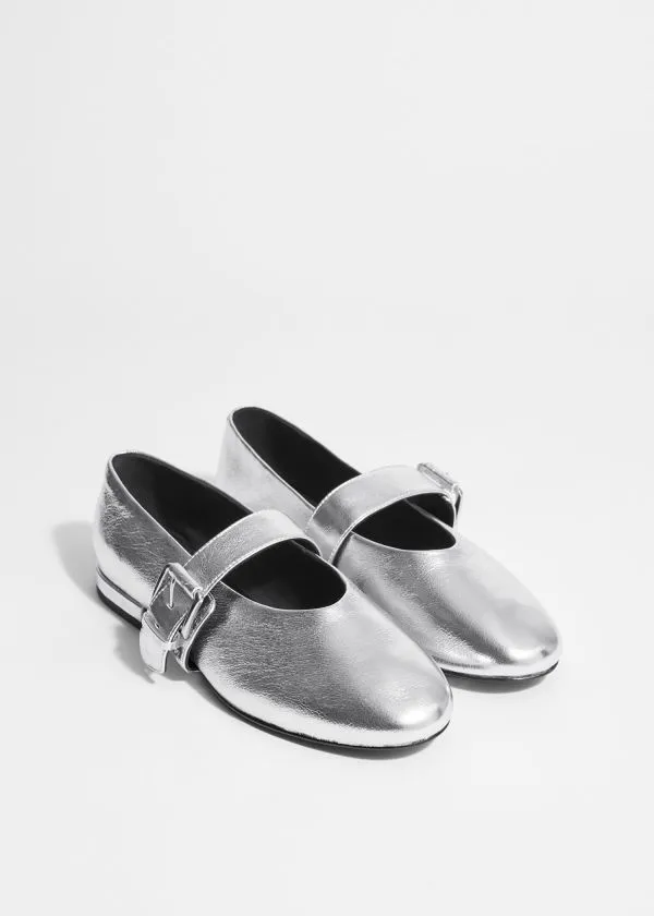 Women Ballerinas and Other Stories Buckled Leather Ballerinas Silver Women Ballerinas and Other Stories Buckled Leather Ballerinas Silver