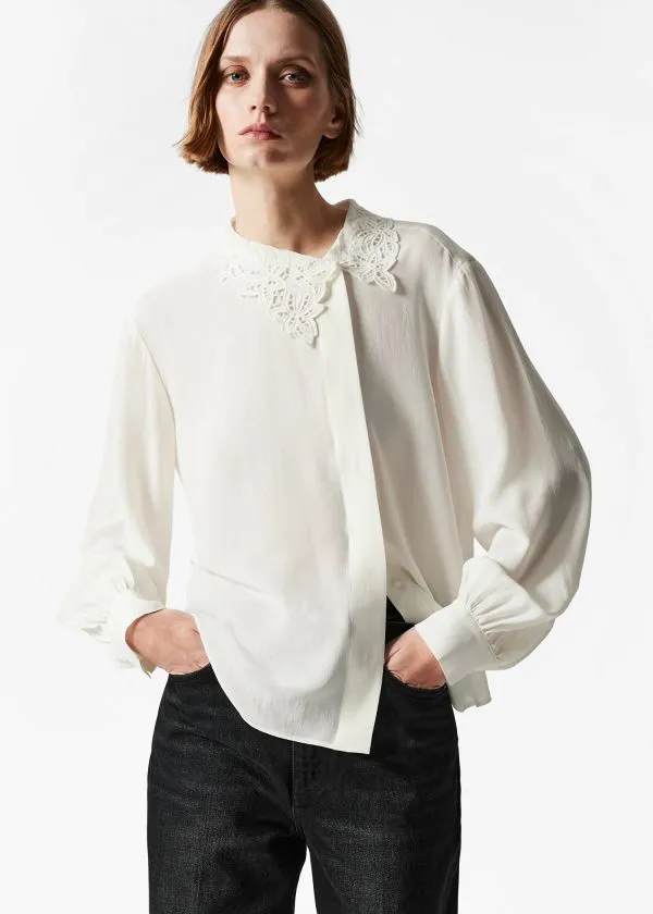 Women Blouses and Shirts and Other Stories Asymmetric Collar Silk Blouse White