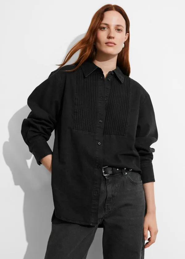 Women Blouses and Shirts and Other Stories Pleated Denim Shirt Black