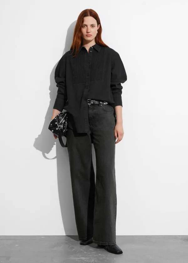 Women Blouses and Shirts and Other Stories Pleated Denim Shirt Black