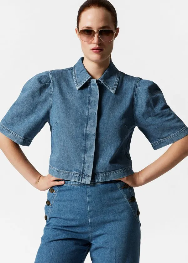 Women Blouses and Shirts and Other Stories PuffSleeve Denim Blouse Blue