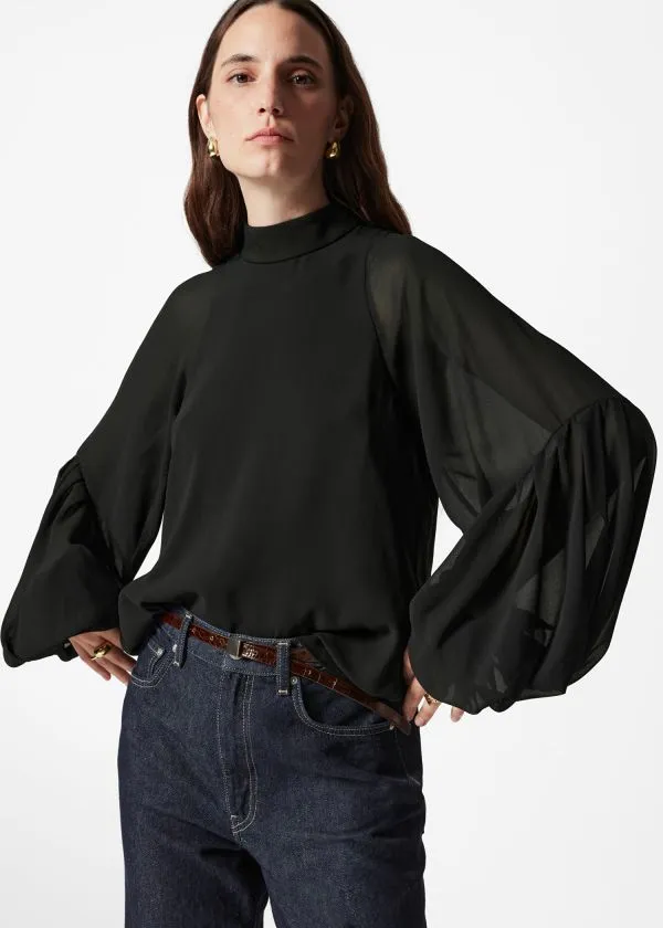 Women Blouses and Shirts and Other Stories Sheer PuffSleeve Blouse Black