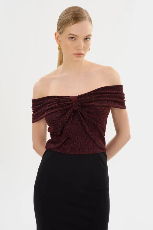 Women CAMELIA Lurex Knit Top Red LAMARQUE Tops