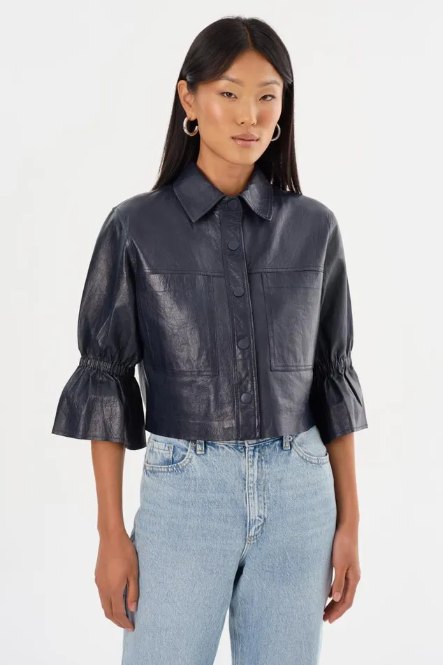 Women CAROLINA Leather Ruffle Sleeve Jacket Navy LAMARQUE Leather Jackets