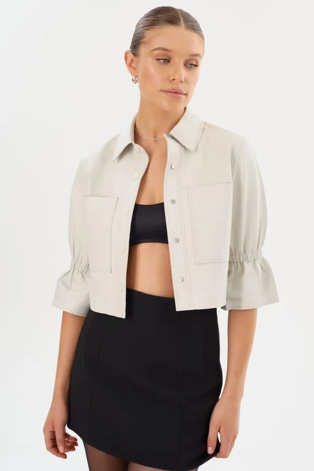 Women CAROLINA Leather Ruffle Sleeve Jacket Winter White LAMARQUE Short Sleeve Jackets