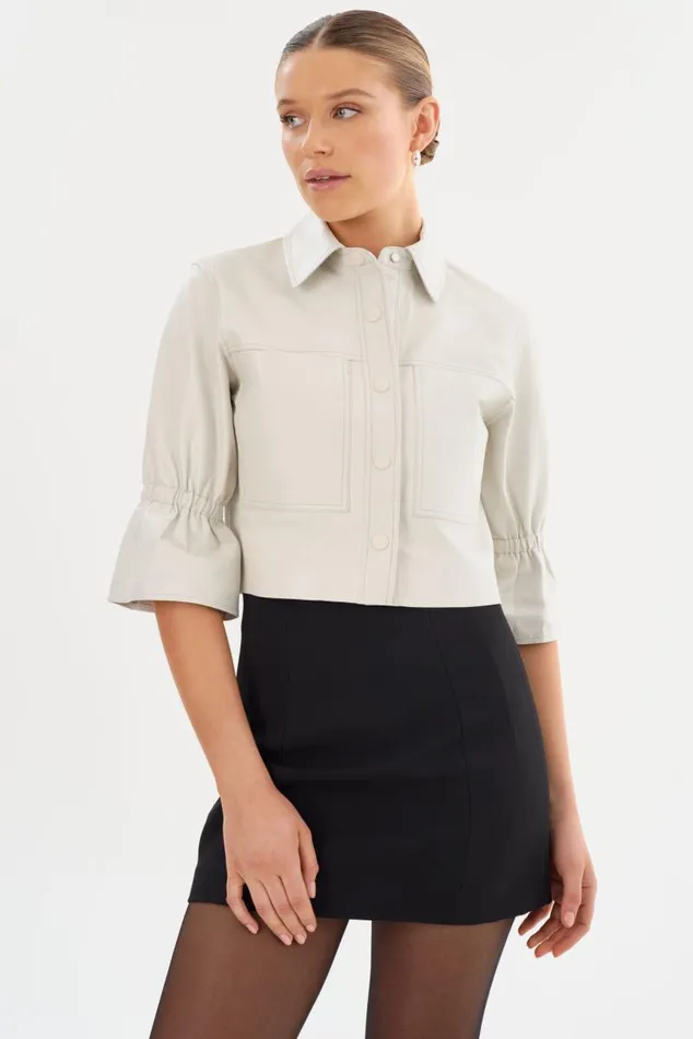 Women CAROLINA Leather Ruffle Sleeve Jacket Winter White LAMARQUE Short Sleeve Jackets