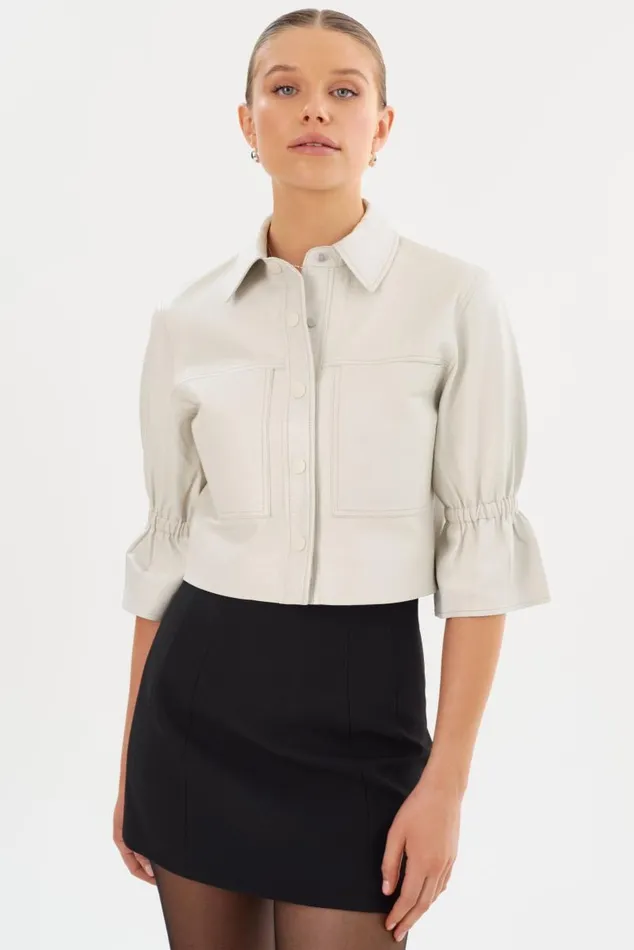 Women CAROLINA Leather Ruffle Sleeve Jacket Winter White LAMARQUE Short Sleeve Jackets