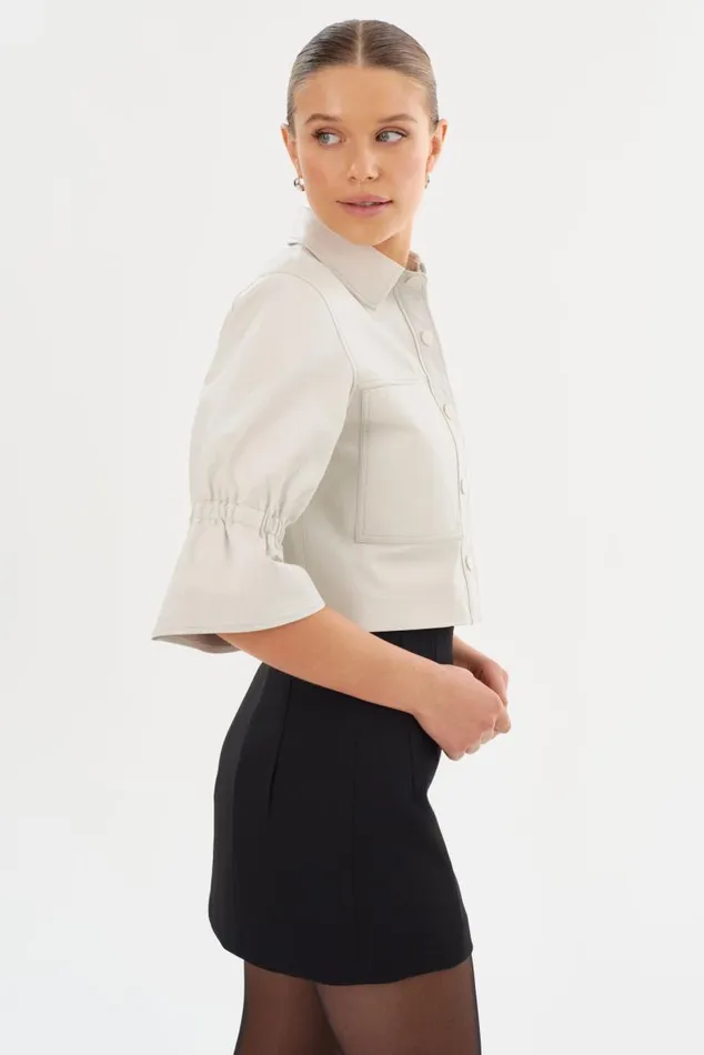 Women CAROLINA Leather Ruffle Sleeve Jacket Winter White LAMARQUE Short Sleeve Jackets