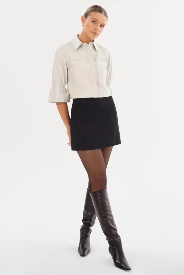 Women CAROLINA Leather Ruffle Sleeve Jacket Winter White LAMARQUE Short Sleeve Jackets