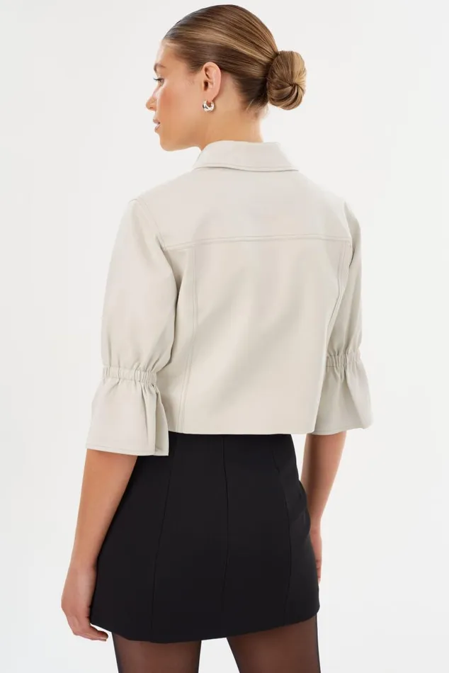 Women CAROLINA Leather Ruffle Sleeve Jacket Winter White LAMARQUE Short Sleeve Jackets