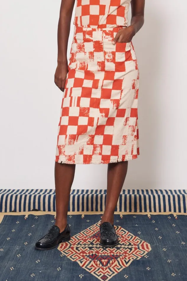 Women Check Tencel Twill Camel And Tomato Durban Midi Skirt Raquel Allegra Bottoms