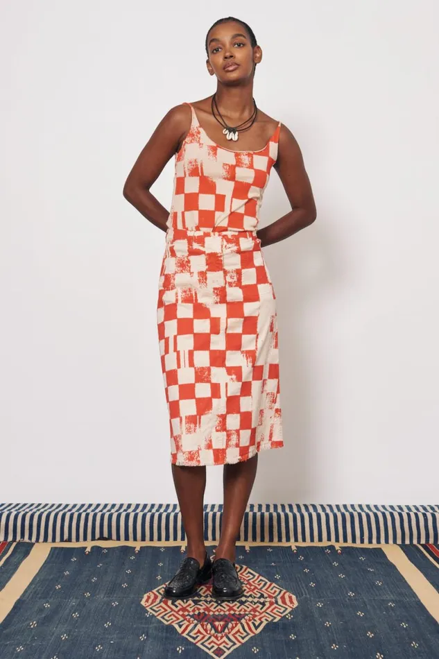 Women Check Tencel Twill Camel And Tomato Durban Midi Skirt Raquel Allegra Bottoms