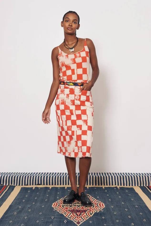 Women Check Tencel Twill Camel And Tomato Durban Midi Skirt Raquel Allegra Bottoms