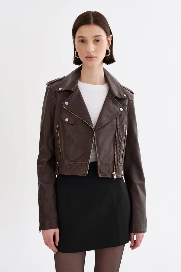 Women CIARA Cropped Leather Biker Jacket Dark Brown LAMARQUE Leather Jackets
