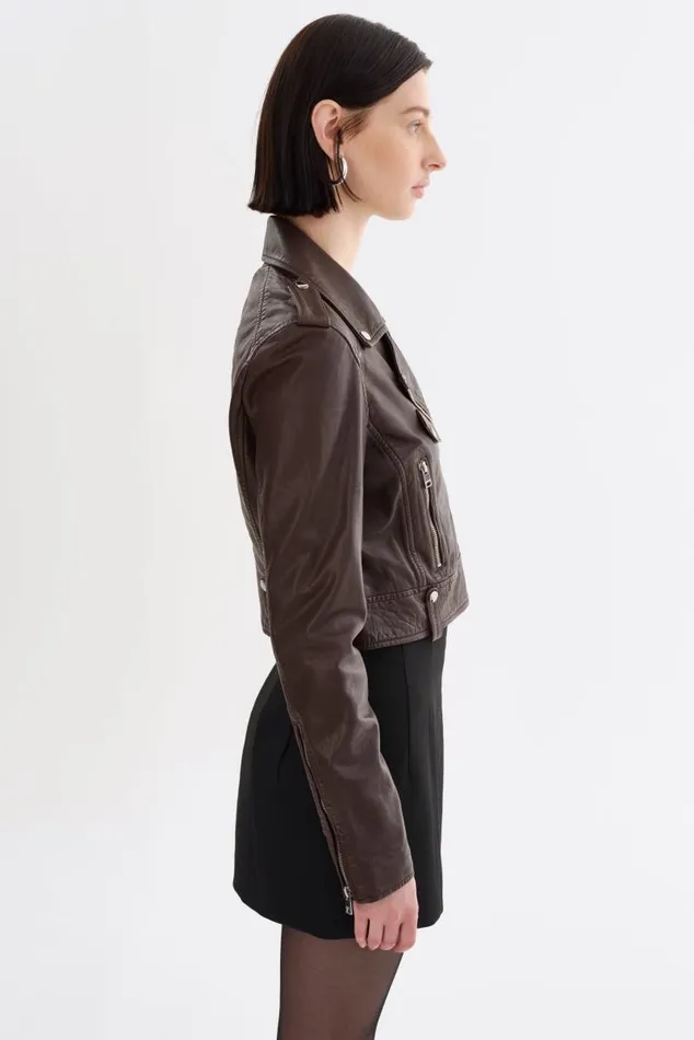 Women CIARA Cropped Leather Biker Jacket Dark Brown LAMARQUE Leather Jackets Women CIARA Cropped Leather Biker Jacket Dark Brown LAMARQUE Leather Jackets