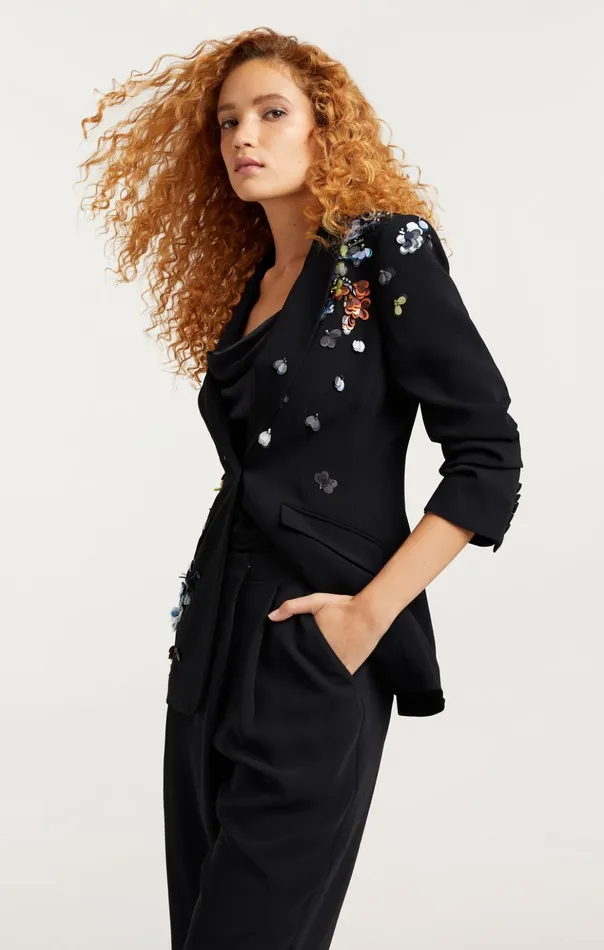 Women Cinq Sept Blazers Sequin Flower Scrunched Cheyenne Blazer Blackmulti