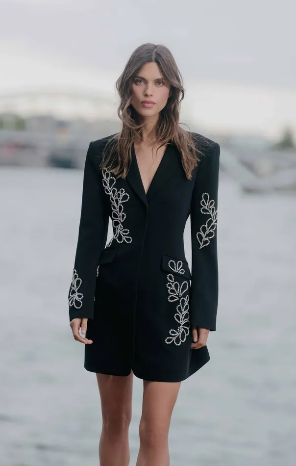 Women Cinq Sept Cocktail and Evening Rhinestone Paisley Long Sleeve Joel Dress Black
